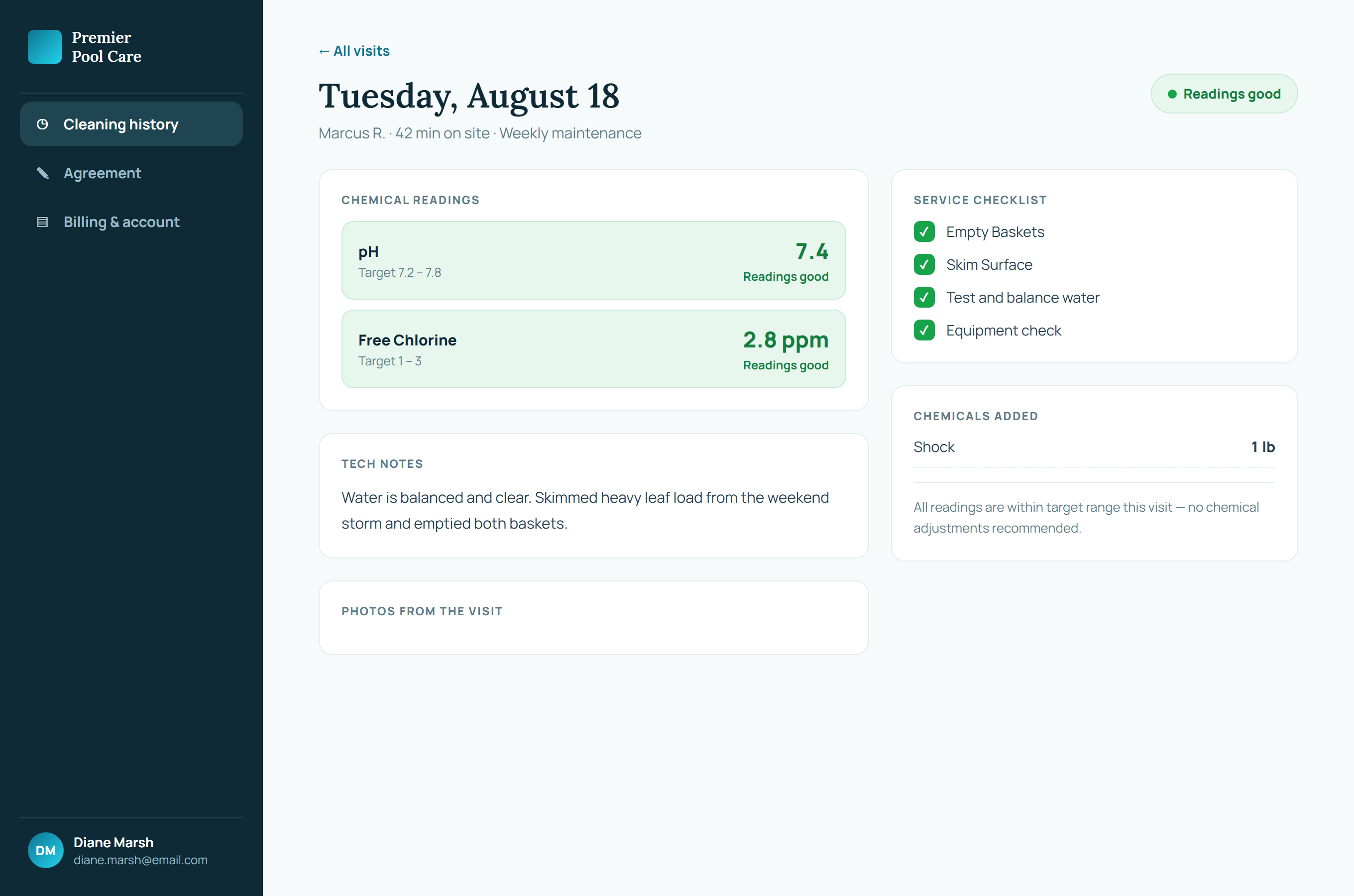 Customer portal screenshot showing a full visit detail with chemical readings, service checklist, and chemicals added
